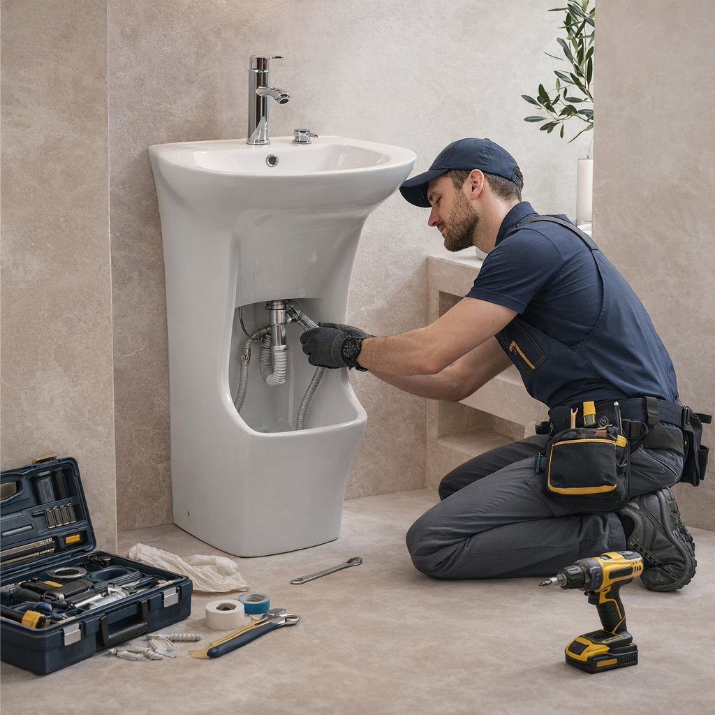 Plumber working on a a smart wudu basin in a bathroom